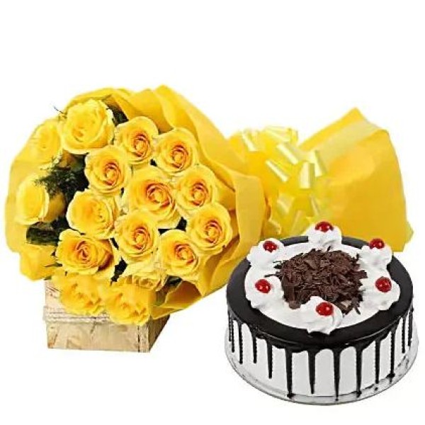 12 Yellow Roses with Black Forest Cake