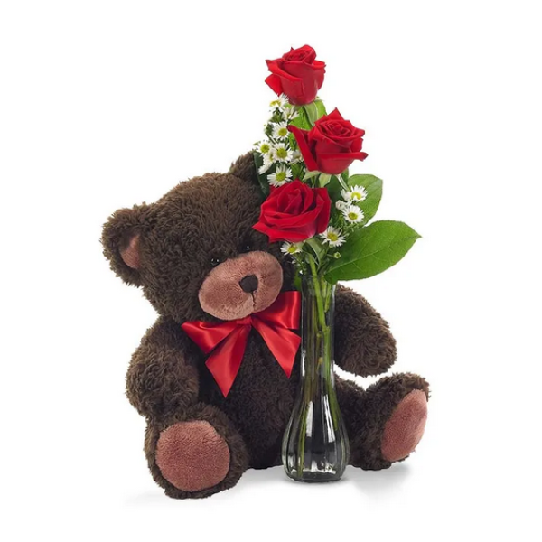 Classic Bud Vase Roses with Bear