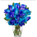 One Dozen Ocean Blue Roses Clear Glass Vase