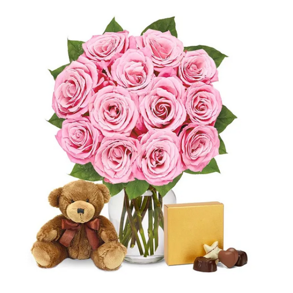 One Dozen Pink Roses with Chocolates and a Bear