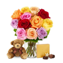 One Dozen Rainbow Roses with Chocolates & Bear
