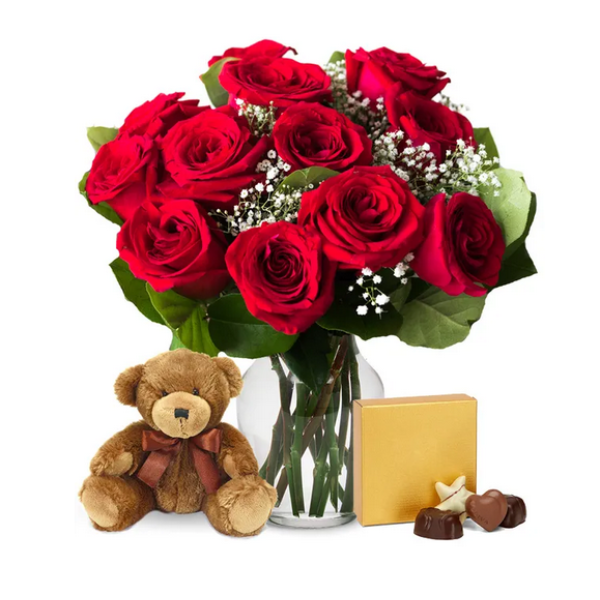 One Dozen Red Roses & Chocolate & Teddy Bear
