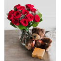 One Dozen Red Roses + Heart Balloon + Chocolate + Bear