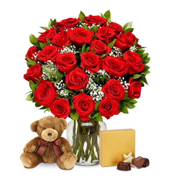 Two Dozen Long Stemmed Red Roses with Chocolates & Bear