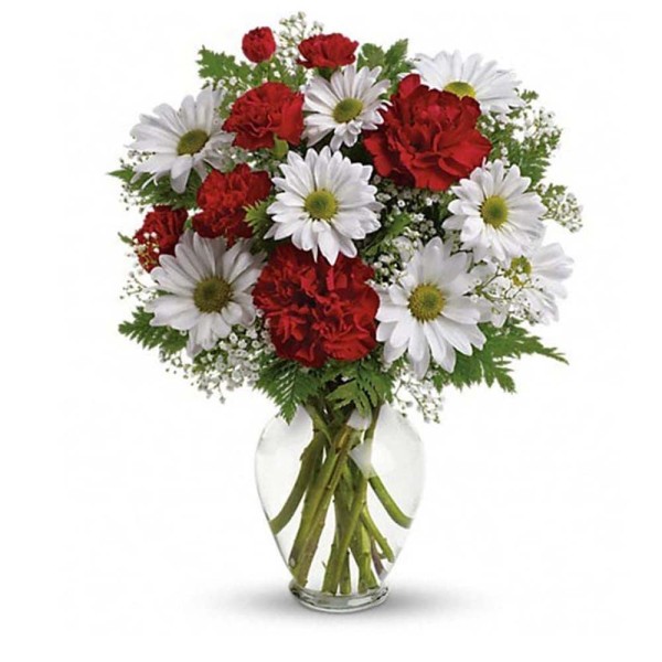 White And Red Flowers In Glass Vase
