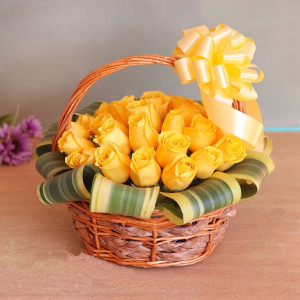 Yellow Roses in Round Handle Basket